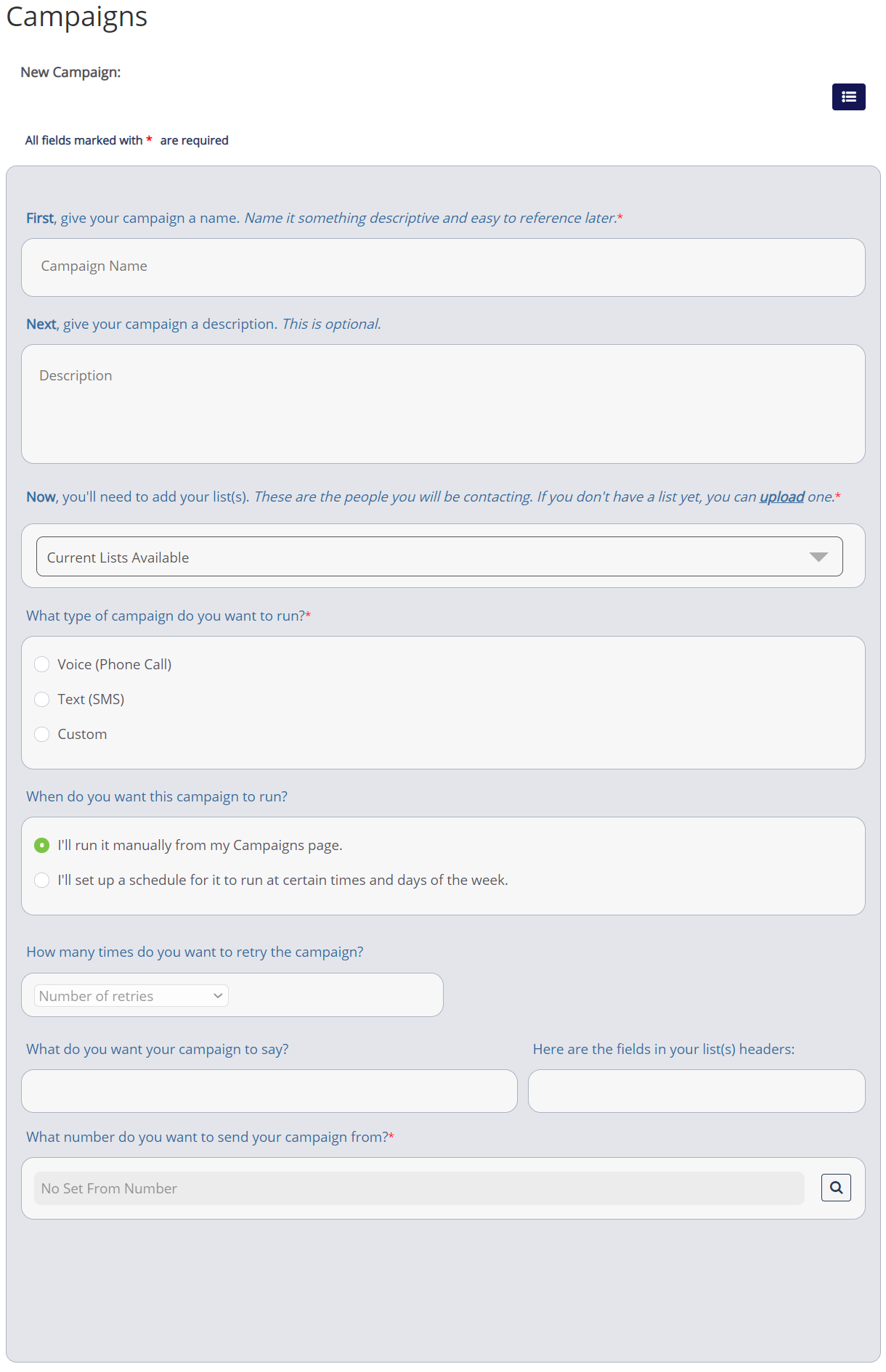 A blank New Campaign form
